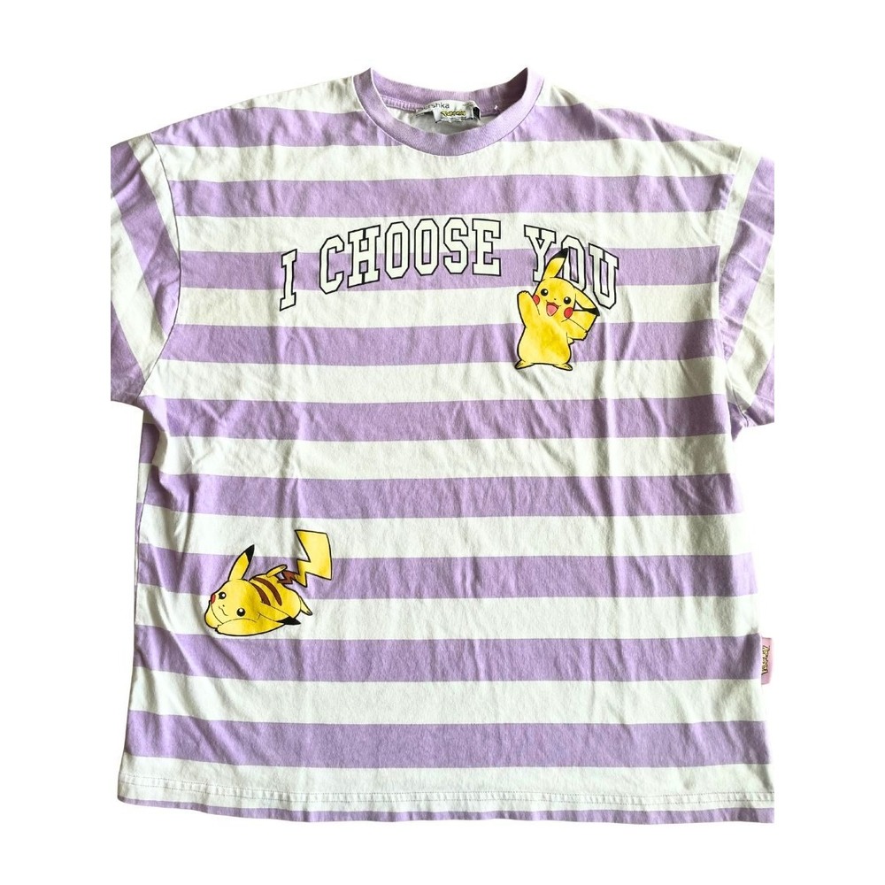 Bershka Pokémon Pikachu I Choose You Striped Graphic T-Shirt Purple White Medium